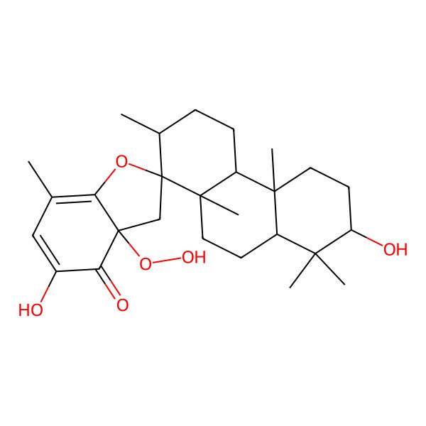 2D Structure of (1S,2S,3'aR,4aS,4bS,7S,8aR,10aS)-3'a-hydroperoxy-5',7-dihydroxy-2,4b,7',8,8,10a-hexamethylspiro[2,3,4,4a,5,6,7,8a,9,10-decahydrophenanthrene-1,2'-3H-1-benzofuran]-4'-one