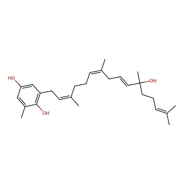 2D Structure of 2-[(2E,6E,9E,11S)-11-hydroxy-3,7,11,15-tetramethylhexadeca-2,6,9,14-tetraenyl]-6-methylbenzene-1,4-diol