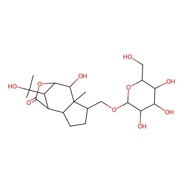 2D Structure of (1S,2R,5S,6S,7R,8S,11R)-7-hydroxy-11-(2-hydroxypropan-2-yl)-6-methyl-5-[[(2R,3S,4S,5S,6S)-3,4,5-trihydroxy-6-(hydroxymethyl)oxan-2-yl]oxymethyl]-9-oxatricyclo[6.2.1.02,6]undecan-10-one