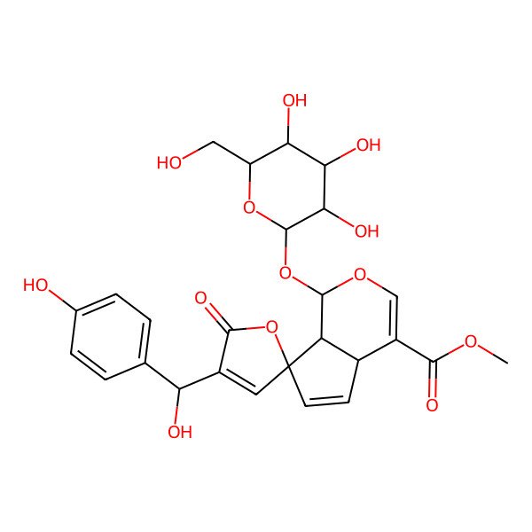 2D Structure of methyl 4'-[hydroxy-(4-hydroxyphenyl)methyl]-5'-oxo-1-[3,4,5-trihydroxy-6-(hydroxymethyl)oxan-2-yl]oxyspiro[4a,7a-dihydro-1H-cyclopenta[c]pyran-7,2'-furan]-4-carboxylate