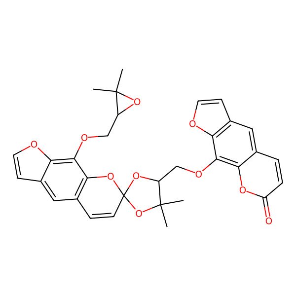 2D Structure of 9-[[(2S,4S)-9'-[(3,3-dimethyloxiran-2-yl)methoxy]-5,5-dimethylspiro[1,3-dioxolane-2,7'-furo[3,2-g]chromene]-4-yl]methoxy]furo[3,2-g]chromen-7-one
