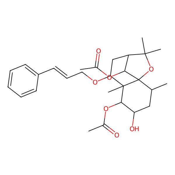 2D Structure of [(1S,2R,4S,5R,6R,7S,9R,12R)-5-acetyloxy-4-hydroxy-2,6,10,10-tetramethyl-7-[(E)-3-phenylprop-2-enoxy]-11-oxatricyclo[7.2.1.01,6]dodecan-12-yl] acetate