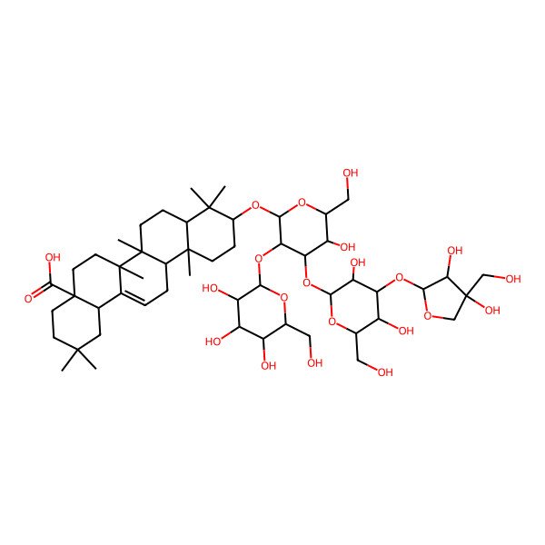 2D Structure of (4aS,6aR,6aS,6bR,8aR,10S,12aR,14bS)-10-[(2R,3R,4S,5R,6R)-4-[(2S,3R,4S,5S,6R)-4-[(2S,3R,4R)-3,4-dihydroxy-4-(hydroxymethyl)oxolan-2-yl]oxy-3,5-dihydroxy-6-(hydroxymethyl)oxan-2-yl]oxy-5-hydroxy-6-(hydroxymethyl)-3-[(2S,3R,4S,5S,6R)-3,4,5-trihydroxy-6-(hydroxymethyl)oxan-2-yl]oxyoxan-2-yl]oxy-2,2,6a,6b,9,9,12a-heptamethyl-1,3,4,5,6,6a,7,8,8a,10,11,12,13,14b-tetradecahydropicene-4a-carboxylic acid