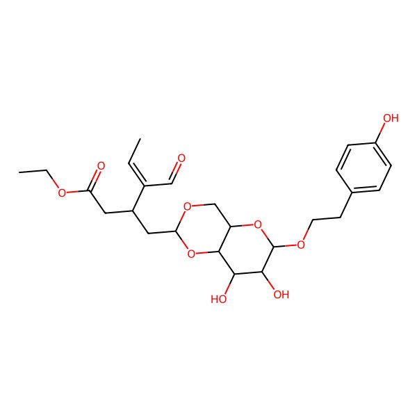 2D Structure of ethyl (E,3R)-3-[[(2R,4aR,6R,7R,8R,8aS)-7,8-dihydroxy-6-[2-(4-hydroxyphenyl)ethoxy]-4,4a,6,7,8,8a-hexahydropyrano[3,2-d][1,3]dioxin-2-yl]methyl]-4-formylhex-4-enoate