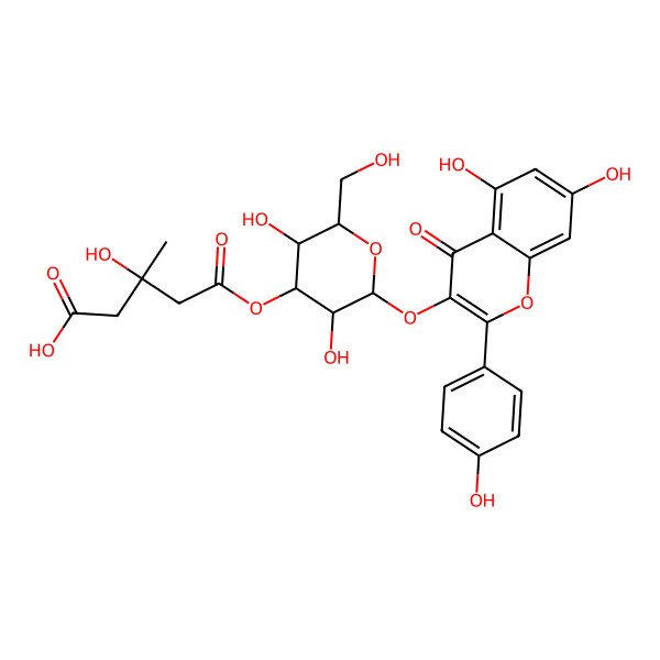 2D Structure of (3R)-5-[(2S,3R,4S,5R,6R)-2-[5,7-dihydroxy-2-(4-hydroxyphenyl)-4-oxochromen-3-yl]oxy-3,5-dihydroxy-6-(hydroxymethyl)oxan-4-yl]oxy-3-hydroxy-3-methyl-5-oxopentanoic acid