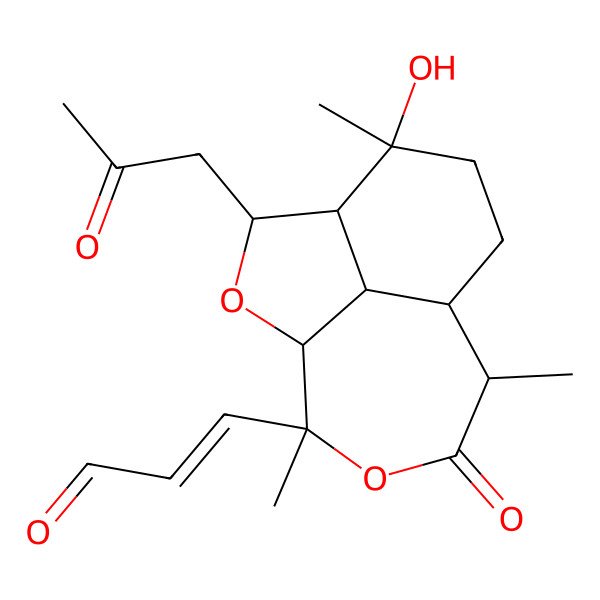 2D Structure of (E)-3-[(1S,3S,4R,5R,8R,9R,12S,13S)-5-hydroxy-5,9,12-trimethyl-10-oxo-3-(2-oxopropyl)-2,11-dioxatricyclo[6.4.1.04,13]tridecan-12-yl]prop-2-enal
