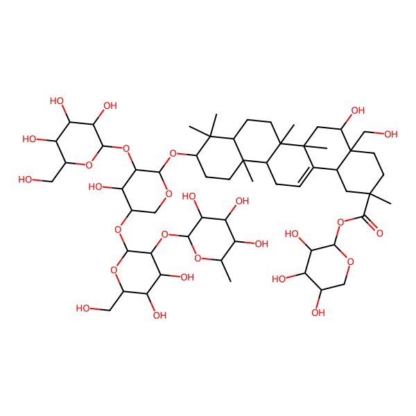 2D Structure of (3,4,5-Trihydroxyoxan-2-yl) 10-[5-[4,5-dihydroxy-6-(hydroxymethyl)-3-(3,4,5-trihydroxy-6-methyloxan-2-yl)oxyoxan-2-yl]oxy-4-hydroxy-3-[3,4,5-trihydroxy-6-(hydroxymethyl)oxan-2-yl]oxyoxan-2-yl]oxy-5-hydroxy-4a-(hydroxymethyl)-2,6a,6b,9,9,12a-hexamethyl-1,3,4,5,6,6a,7,8,8a,10,11,12,13,14b-tetradecahydropicene-2-carboxylate