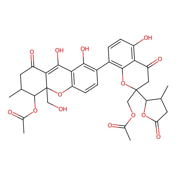 2D Structure of [8-[5-acetyloxy-1,9-dihydroxy-10a-(hydroxymethyl)-6-methyl-8-oxo-6,7-dihydro-5H-xanthen-2-yl]-5-hydroxy-2-(3-methyl-5-oxooxolan-2-yl)-4-oxo-3H-chromen-2-yl]methyl acetate