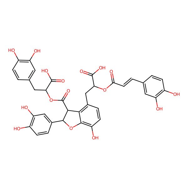 2D Structure of (2R)-2-[(2S,3S)-4-[(2R)-2-carboxy-2-[(E)-3-(3,4-dihydroxyphenyl)prop-2-enoyl]oxyethyl]-2-(3,4-dihydroxyphenyl)-7-hydroxy-2,3-dihydro-1-benzofuran-3-carbonyl]oxy-3-(3,4-dihydroxyphenyl)propanoic acid