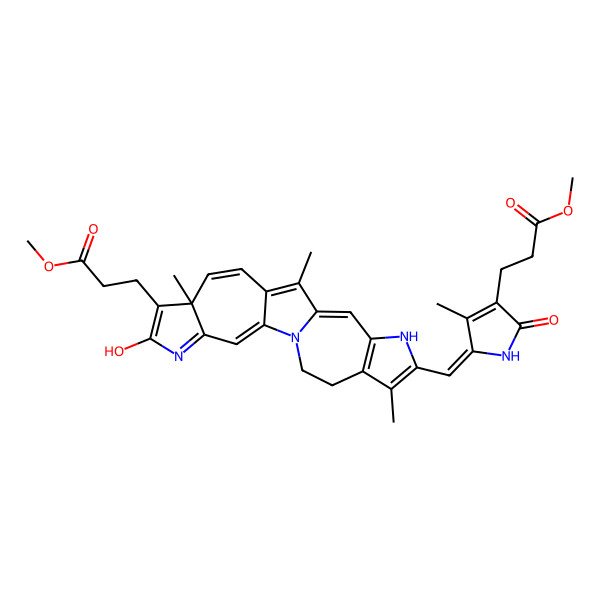 2D Structure of Methyl (Z)-2-((1,5-dihydro-4-(3-methoxy-3-oxopropyl)-3-methyl-5-oxo-2H-pyrrol-2-ylidene)methyl)-4,5,8,10a-tetrahydro-9-hydroxy-3,10a,13-trimethylpyrrolo(2,3-d)pyrrolo(2'',3'':4',5')cyclohepta(1',2':4,5)pyrrolo(1,2-a)azepine-10-propanoate
