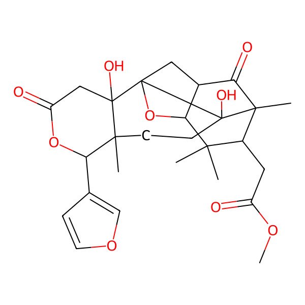 2D Structure of methyl 2-[(1R,2S,5R,6R,10S,11S,13R,14S,16R)-6-(furan-3-yl)-2,10-dihydroxy-1,5,15,15-tetramethyl-8,17-dioxo-7,18-dioxapentacyclo[11.3.1.111,14.02,11.05,10]octadecan-16-yl]acetate