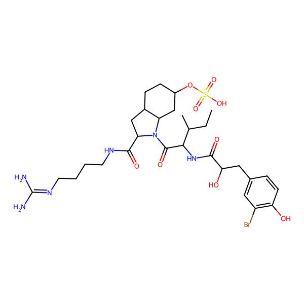 2D Structure of [1-[(2R,3S)-2-[[3-(3-bromo-4-hydroxyphenyl)-2-hydroxypropanoyl]amino]-3-methylpentanoyl]-2-[4-(diaminomethylideneamino)butylcarbamoyl]-2,3,3a,4,5,6,7,7a-octahydroindol-6-yl] hydrogen sulfate