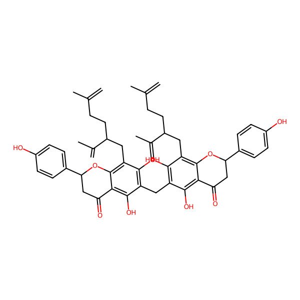 2D Structure of (2S)-6-[[(2S)-5,7-dihydroxy-2-(4-hydroxyphenyl)-8-[(2R)-5-methyl-2-prop-1-en-2-ylhex-5-enyl]-4-oxo-2,3-dihydrochromen-6-yl]methyl]-5,7-dihydroxy-2-(4-hydroxyphenyl)-8-[(2R)-5-methyl-2-prop-1-en-2-ylhex-5-enyl]-2,3-dihydrochromen-4-one