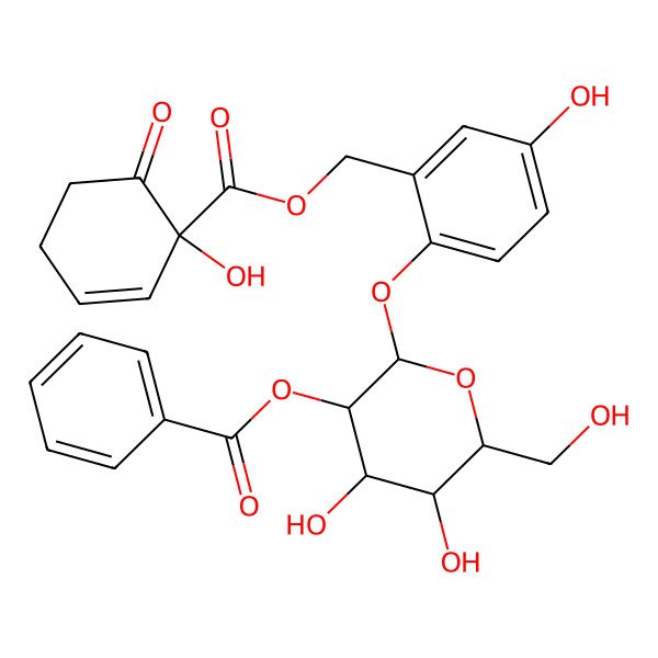 2D Structure of [4,5-Dihydroxy-2-[4-hydroxy-2-[(1-hydroxy-6-oxocyclohex-2-ene-1-carbonyl)oxymethyl]phenoxy]-6-(hydroxymethyl)oxan-3-yl] benzoate