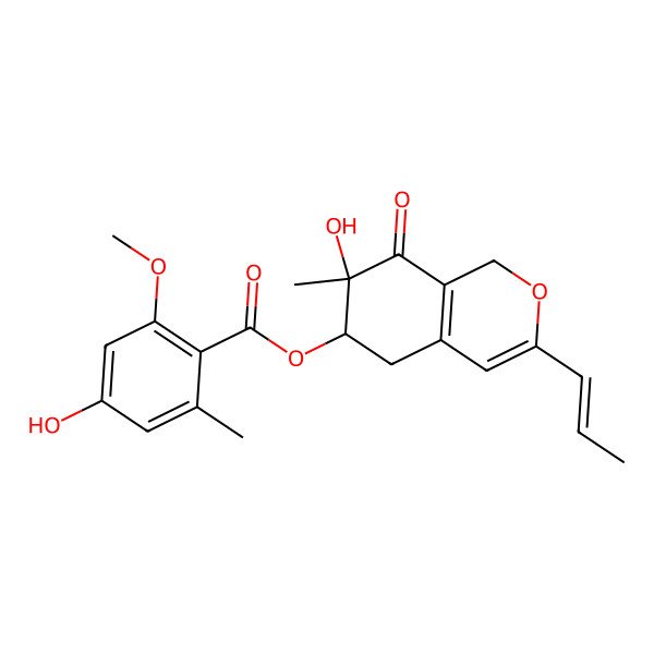 2D Structure of [(7S)-7-hydroxy-7-methyl-8-oxo-3-[(E)-prop-1-enyl]-5,6-dihydro-1H-isochromen-6-yl] 4-hydroxy-2-methoxy-6-methylbenzoate