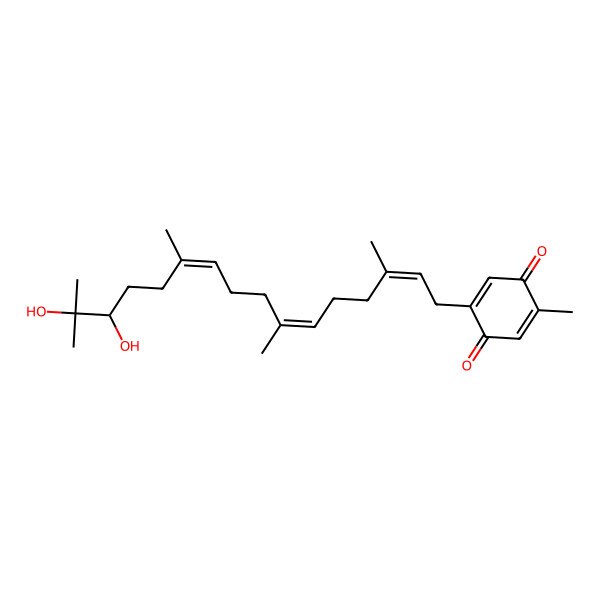 2D Structure of 2-[(2E,10E,14S)-14,15-dihydroxy-3,7,11,15-tetramethylhexadeca-2,6,10-trienyl]-5-methylcyclohexa-2,5-diene-1,4-dione