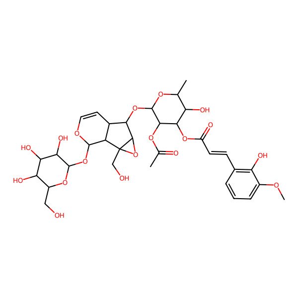 2D Structure of [(2R,3S,4R,5S,6S)-3-acetyloxy-5-hydroxy-2-[[(1S,2S,4S,5S,6R,10R)-2-(hydroxymethyl)-10-[(2S,3S,4R,5S,6R)-3,4,5-trihydroxy-6-(hydroxymethyl)oxan-2-yl]oxy-3,9-dioxatricyclo[4.4.0.02,4]dec-7-en-5-yl]oxy]-6-methyloxan-4-yl] (E)-3-(2-hydroxy-3-methoxyphenyl)prop-2-enoate