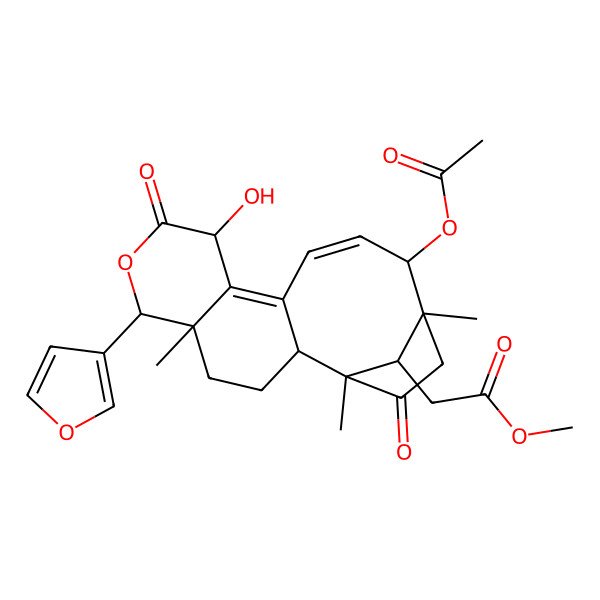 2D Structure of Methyl 2-[14-acetyloxy-6-(furan-3-yl)-9-hydroxy-1,5,15-trimethyl-8,17-dioxo-7-oxatetracyclo[13.2.1.02,11.05,10]octadeca-10,12-dien-18-yl]acetate