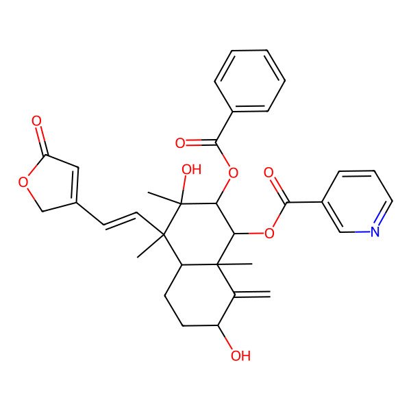 2D Structure of [(1R,2S,3R,4S,4aS,7S,8aR)-2-benzoyloxy-3,7-dihydroxy-3,4,8a-trimethyl-8-methylidene-4-[(E)-2-(5-oxo-2H-furan-3-yl)ethenyl]-1,2,4a,5,6,7-hexahydronaphthalen-1-yl] pyridine-3-carboxylate
