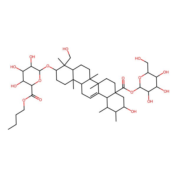 2D Structure of butyl 3,4,5-trihydroxy-6-[[10-hydroxy-4-(hydroxymethyl)-4,6a,6b,11,12,14b-hexamethyl-8a-[3,4,5-trihydroxy-6-(hydroxymethyl)oxan-2-yl]oxycarbonyl-2,3,4a,5,6,7,8,9,10,11,12,12a,14,14a-tetradecahydro-1H-picen-3-yl]oxy]oxane-2-carboxylate