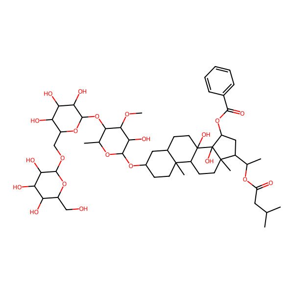 2D Structure of [(3S,8S,9R,10S,13R,14S,15R,17S)-8,14-dihydroxy-3-[(2R,3R,4R,5S,6R)-3-hydroxy-4-methoxy-6-methyl-5-[(2S,3R,4S,5S,6R)-3,4,5-trihydroxy-6-[[(2R,3R,4S,5S,6R)-3,4,5-trihydroxy-6-(hydroxymethyl)oxan-2-yl]oxymethyl]oxan-2-yl]oxyoxan-2-yl]oxy-10,13-dimethyl-17-[(1S)-1-(3-methylbutanoyloxy)ethyl]-2,3,4,5,6,7,9,11,12,15,16,17-dodecahydro-1H-cyclopenta[a]phenanthren-15-yl] benzoate