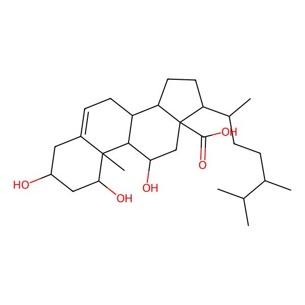 2D Structure of (1S,3R,8S,9S,10R,11R,13S,14S,17R)-17-[(2R,5R)-5,6-dimethylheptan-2-yl]-1,3,11-trihydroxy-10-methyl-2,3,4,7,8,9,11,12,14,15,16,17-dodecahydro-1H-cyclopenta[a]phenanthrene-13-carboxylic acid