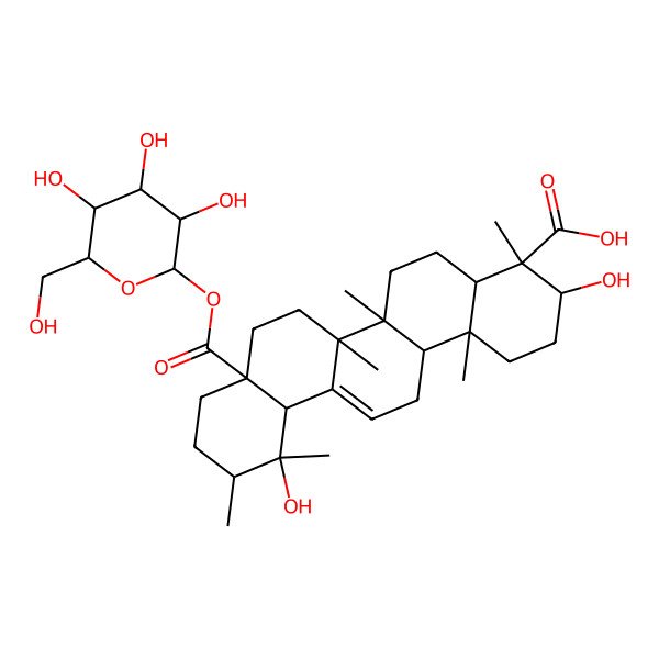 2D Structure of (3S,4R,4aR,6aR,6bS,8aS,11S,12R,12aS,14aR,14bR)-3,12-dihydroxy-4,6a,6b,11,12,14b-hexamethyl-8a-[(2S,3R,4S,5S,6R)-3,4,5-trihydroxy-6-(hydroxymethyl)oxan-2-yl]oxycarbonyl-1,2,3,4a,5,6,7,8,9,10,11,12a,14,14a-tetradecahydropicene-4-carboxylic acid