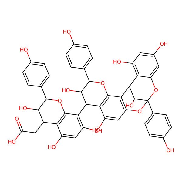 2D Structure of 2-[(2R,3R,4S)-3,5,7-trihydroxy-2-(4-hydroxyphenyl)-8-[(1R,5R,6R,7S,13S,21R)-6,9,17,19,21-pentahydroxy-5,13-bis(4-hydroxyphenyl)-4,12,14-trioxapentacyclo[11.7.1.02,11.03,8.015,20]henicosa-2(11),3(8),9,15,17,19-hexaen-7-yl]-3,4-dihydro-2H-chromen-4-yl]acetic acid