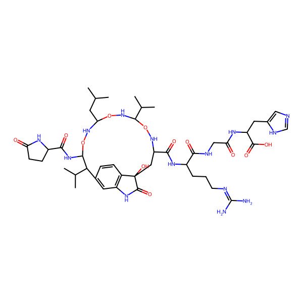 2D Structure of (2R)-2-[[2-[[(2R)-5-(diaminomethylideneamino)-2-[[(4S,6R,12S,15R,16S)-4-hydroxy-12-(2-methylpropyl)-3-oxo-15-[[(2S)-5-oxopyrrolidine-2-carbonyl]amino]-9,16-di(propan-2-yl)-8,11,14-trioxa-2,7,10,13-tetrazatricyclo[15.3.1.04,20]henicosa-1(20),17(21),18-triene-6-carbonyl]amino]pentanoyl]amino]acetyl]amino]-3-(1H-imidazol-5-yl)propanoic acid