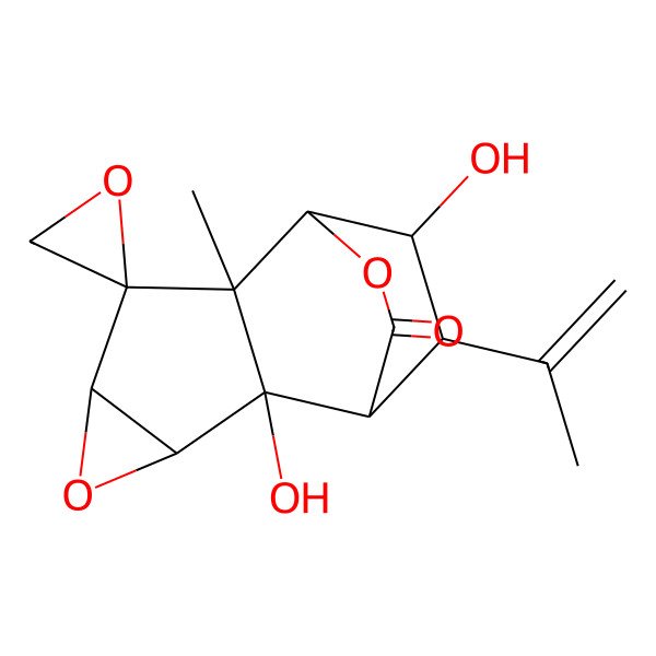 2D Structure of (1S,2R,3S,5R,6R,7R,8S,11R,12R)-2,12-dihydroxy-7-methyl-11-prop-1-en-2-ylspiro[4,9-dioxatetracyclo[6.2.2.02,7.03,5]dodecane-6,2'-oxirane]-10-one