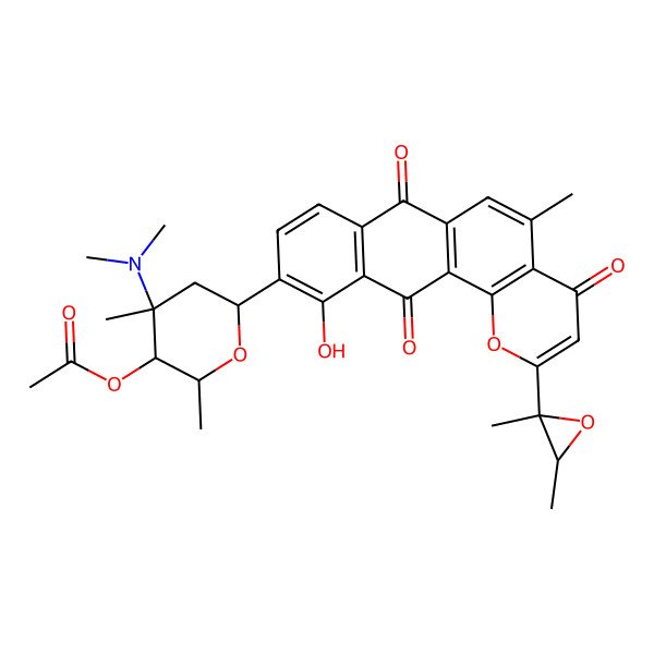 2D Structure of [(2S,3R,4R,6S)-4-(dimethylamino)-6-[2-[(2S,3R)-2,3-dimethyloxiran-2-yl]-11-hydroxy-5-methyl-4,7,12-trioxonaphtho[2,3-h]chromen-10-yl]-2,4-dimethyloxan-3-yl] acetate