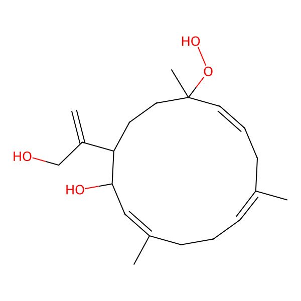 2D Structure of (1S,11R,14S)-11-hydroperoxy-14-(3-hydroxyprop-1-en-2-yl)-3,7,11-trimethylcyclotetradeca-2,6,9-trien-1-ol