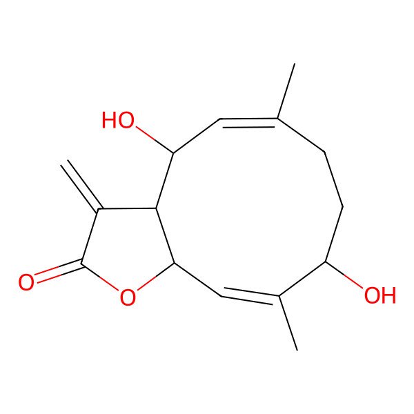 2D Structure of (3aS,4R,5E,9S,10Z,11aS)-4,9-dihydroxy-6,10-dimethyl-3-methylene-3a,4,7,8,9,11a-hexahydrocyclodeca[b]furan-2(3H)-one