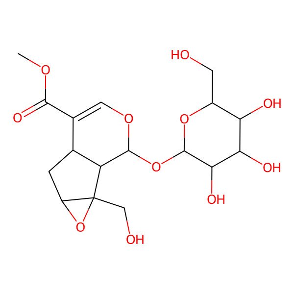 2D Structure of Methyl 2-(hydroxymethyl)-10-[3,4,5-trihydroxy-6-(hydroxymethyl)oxan-2-yl]oxy-3,9-dioxatricyclo[4.4.0.02,4]dec-7-ene-7-carboxylate