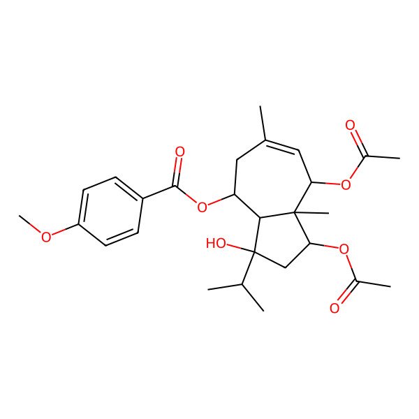 2D Structure of [(1S,3R,3aS,4S,8S,8aR)-1,8-diacetyloxy-3-hydroxy-6,8a-dimethyl-3-propan-2-yl-1,2,3a,4,5,8-hexahydroazulen-4-yl] 4-methoxybenzoate