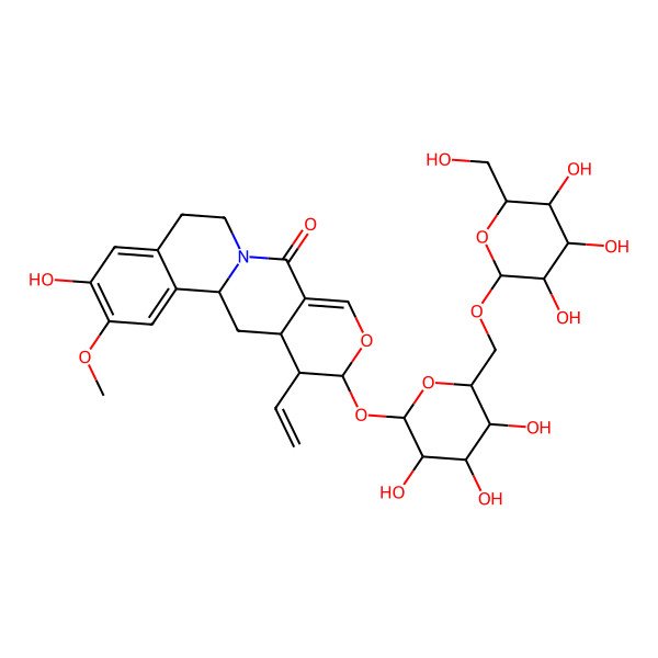 2D Structure of (1R,15S,16R,17S)-16-ethenyl-5-hydroxy-4-methoxy-15-[(2S,3R,4S,5S,6R)-3,4,5-trihydroxy-6-[[(2S,3R,4S,5S,6R)-3,4,5-trihydroxy-6-(hydroxymethyl)oxan-2-yl]oxymethyl]oxan-2-yl]oxy-14-oxa-10-azatetracyclo[8.8.0.02,7.012,17]octadeca-2,4,6,12-tetraen-11-one
