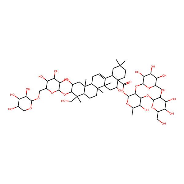 2D Structure of [5-Hydroxy-6-methyl-4-[3,4,5-trihydroxy-6-(hydroxymethyl)oxan-2-yl]oxy-3-(3,4,5-trihydroxy-6-methyloxan-2-yl)oxyoxan-2-yl] 5,11-dihydroxy-9-(hydroxymethyl)-2,2,6a,6b,9,12a-hexamethyl-10-[3,4,5-trihydroxy-6-[(3,4,5-trihydroxyoxan-2-yl)oxymethyl]oxan-2-yl]oxy-1,3,4,5,6,6a,7,8,8a,10,11,12,13,14b-tetradecahydropicene-4a-carboxylate