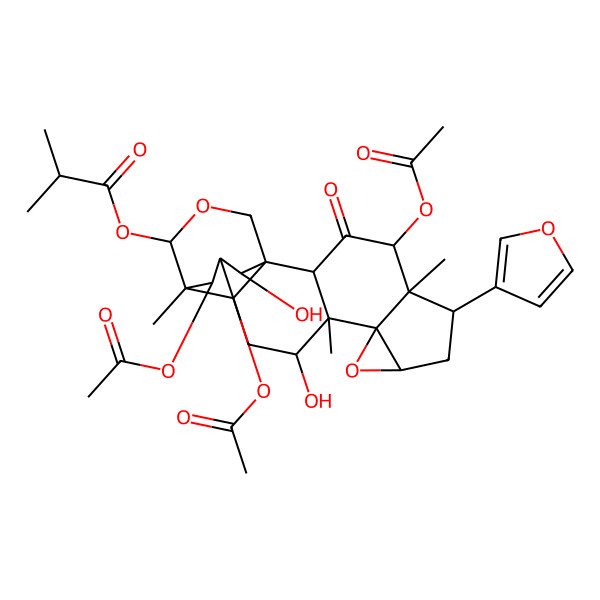 2D Structure of [(1S,2R,4R,5R,6S,8R,10S,11S,12R,14R,15R,16R,19R,20R,21S)-4,20,21-triacetyloxy-6-(furan-3-yl)-12,19-dihydroxy-5,11,15-trimethyl-3-oxo-9,17-dioxahexacyclo[13.3.3.01,14.02,11.05,10.08,10]henicosan-16-yl] 2-methylpropanoate