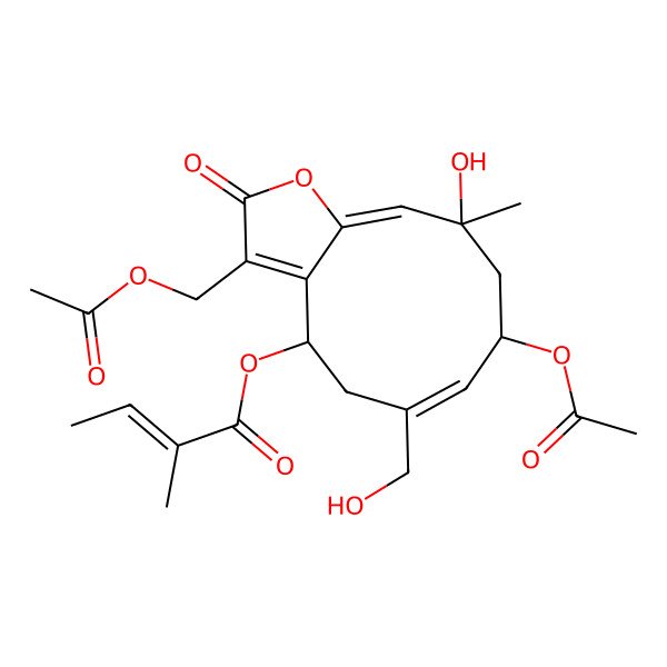 2D Structure of [(4S,6E,8S,10R,11E)-8-acetyloxy-3-(acetyloxymethyl)-10-hydroxy-6-(hydroxymethyl)-10-methyl-2-oxo-4,5,8,9-tetrahydrocyclodeca[b]furan-4-yl] (Z)-2-methylbut-2-enoate
