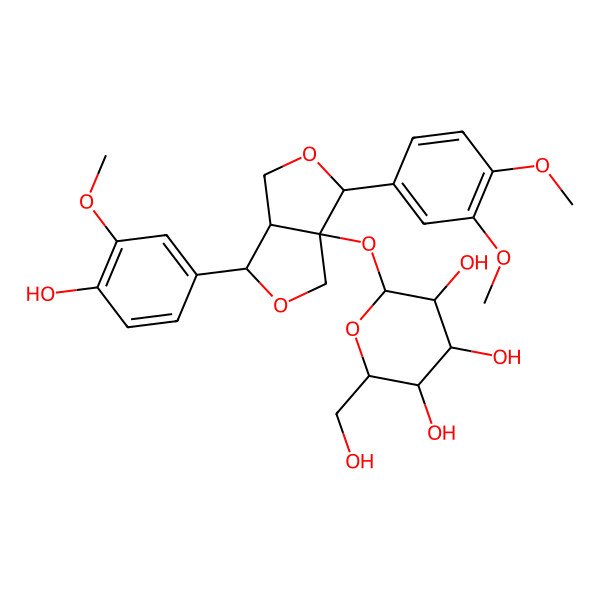 2D Structure of (2S,3R,4S,5S,6R)-2-[[(3R,3aS,6S,6aR)-3-(3,4-dimethoxyphenyl)-6-(4-hydroxy-3-methoxyphenyl)-3,4,6,6a-tetrahydro-1H-furo[3,4-c]furan-3a-yl]oxy]-6-(hydroxymethyl)oxane-3,4,5-triol