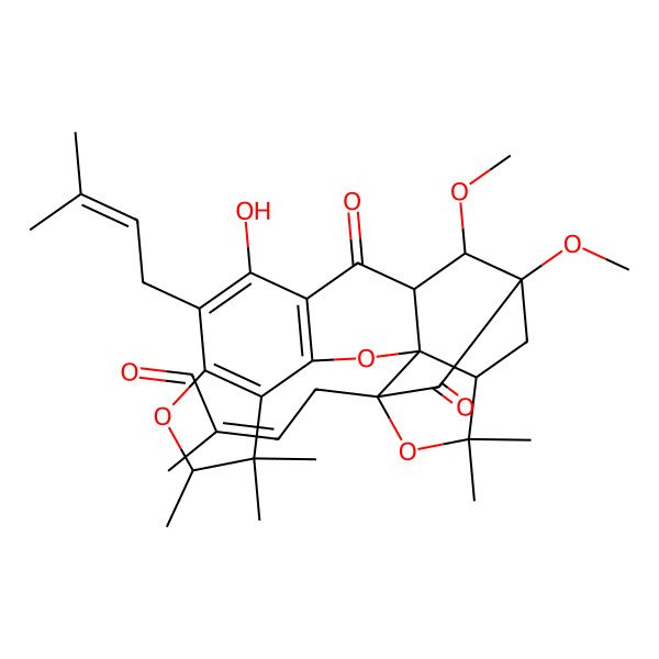 2D Structure of (E)-4-[(1R,2R,7S,14S,15S,16S,18S)-11-hydroxy-15,16-dimethoxy-6,6,7,20,20-pentamethyl-10-(3-methylbut-2-enyl)-13,17-dioxo-3,8,19-trioxahexacyclo[14.4.1.02,14.02,18.04,12.05,9]henicosa-4(12),5(9),10-trien-18-yl]-2-methylbut-2-enal