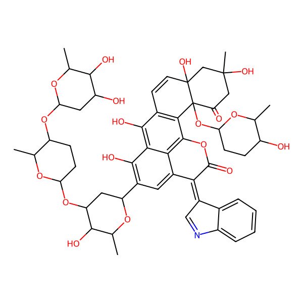 2D Structure of (3S,6R,8R,18Z)-15-[(2R,4R,5R,6R)-4-[(2S,5S,6S)-5-[(2S,4R,5S,6R)-4,5-dihydroxy-6-methyloxan-2-yl]oxy-6-methyloxan-2-yl]oxy-5-hydroxy-6-methyloxan-2-yl]-6,8,12,14-tetrahydroxy-3-[(2S,5S,6S)-5-hydroxy-6-methyloxan-2-yl]oxy-18-indol-3-ylidene-6-methyl-20-oxapentacyclo[11.7.1.02,11.03,8.017,21]henicosa-1(21),2(11),9,12,14,16-hexaene-4,19-dione