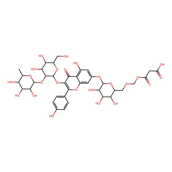 2D Structure of 3-[[(2R,3S,4S,5R,6S)-6-[3-[(2S,3R,4S,5S,6R)-4,5-dihydroxy-6-(hydroxymethyl)-3-[(2S,3S,4R,5R,6S)-3,4,5-trihydroxy-6-methyloxan-2-yl]oxyoxan-2-yl]oxy-5-hydroxy-2-(4-hydroxyphenyl)-4-oxochromen-7-yl]oxy-3,4,5-trihydroxyoxan-2-yl]methoxymethoxy]-3-oxopropanoic acid