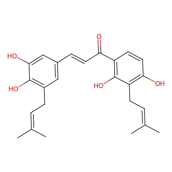 2D Structure of (E)-1-[2,4-dihydroxy-3-(3-methylbut-2-enyl)phenyl]-3-[3,4-dihydroxy-5-(3-methylbut-2-enyl)phenyl]prop-2-en-1-one