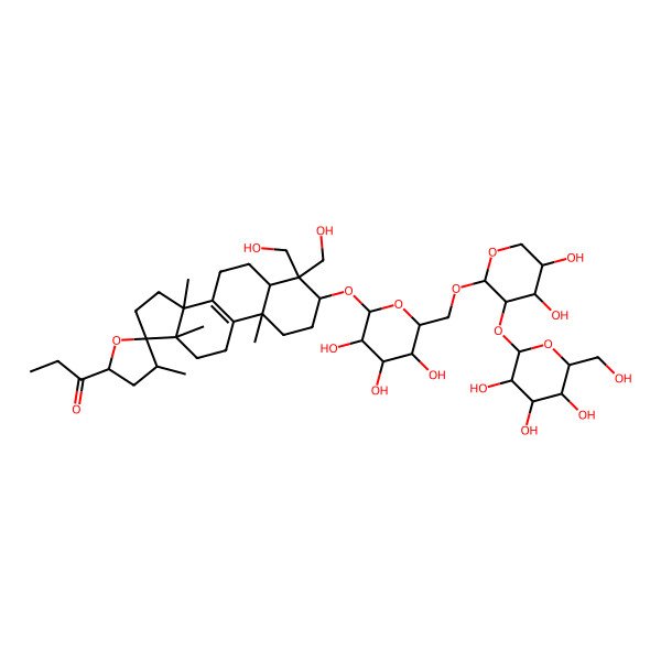2D Structure of 1-[(2'S,3S,4'R,5R,10S,13S,14S,17S)-3-[(2R,3R,4S,5S,6R)-6-[[(2S,3R,4S,5S)-4,5-dihydroxy-3-[(2S,3R,4S,5S,6R)-3,4,5-trihydroxy-6-(hydroxymethyl)oxan-2-yl]oxyoxan-2-yl]oxymethyl]-3,4,5-trihydroxyoxan-2-yl]oxy-4,4-bis(hydroxymethyl)-4',10,13,14-tetramethylspiro[1,2,3,5,6,7,11,12,15,16-decahydrocyclopenta[a]phenanthrene-17,5'-oxolane]-2'-yl]propan-1-one
