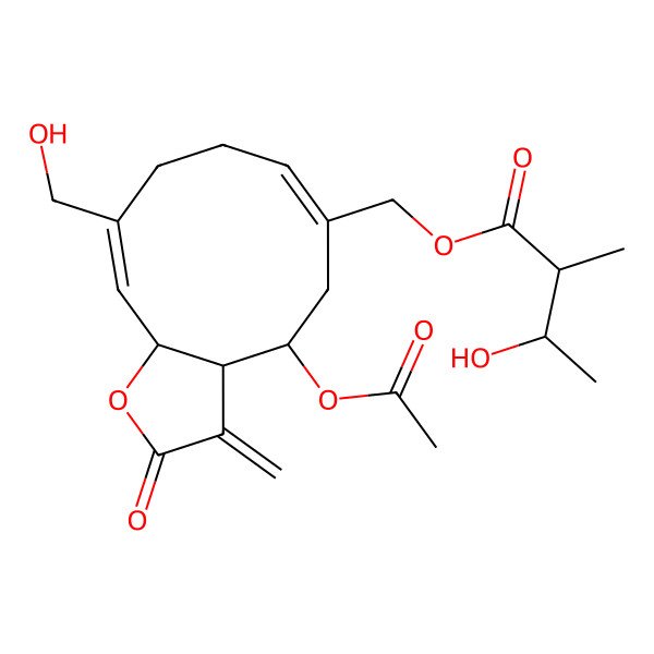 2D Structure of [(3aR,4S,6Z,10Z,11aR)-4-acetyloxy-10-(hydroxymethyl)-3-methylidene-2-oxo-3a,4,5,8,9,11a-hexahydrocyclodeca[b]furan-6-yl]methyl (2R,3S)-3-hydroxy-2-methylbutanoate
