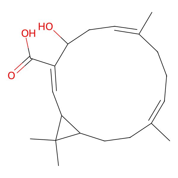 2D Structure of (1R,2Z,4S,6E,10E,14R)-4-hydroxy-7,11,15,15-tetramethylbicyclo[12.1.0]pentadeca-2,6,10-triene-3-carboxylic acid