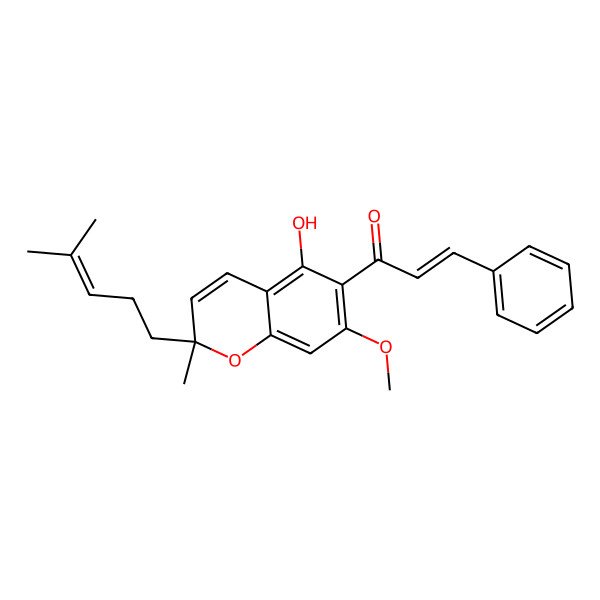 2D Structure of (E)-1-[(2S)-5-hydroxy-7-methoxy-2-methyl-2-(4-methylpent-3-enyl)chromen-6-yl]-3-phenylprop-2-en-1-one