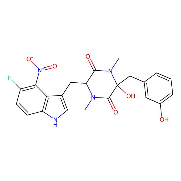 2D Structure of (3R,6S)-6-[(5-fluoro-4-nitro-1H-indol-3-yl)methyl]-3-hydroxy-3-[(3-hydroxyphenyl)methyl]-1,4-dimethylpiperazine-2,5-dione