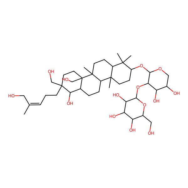 2D Structure of 2-[4,5-dihydroxy-2-[[7-hydroxy-8,10a-bis(hydroxymethyl)-8-(5-hydroxy-4-methylpent-3-enyl)-1,1,4a,10b-tetramethyl-3,4,4b,5,6,6a,7,9,10,11,12,12a-dodecahydro-2H-chrysen-2-yl]oxy]oxan-3-yl]oxy-6-(hydroxymethyl)oxane-3,4,5-triol